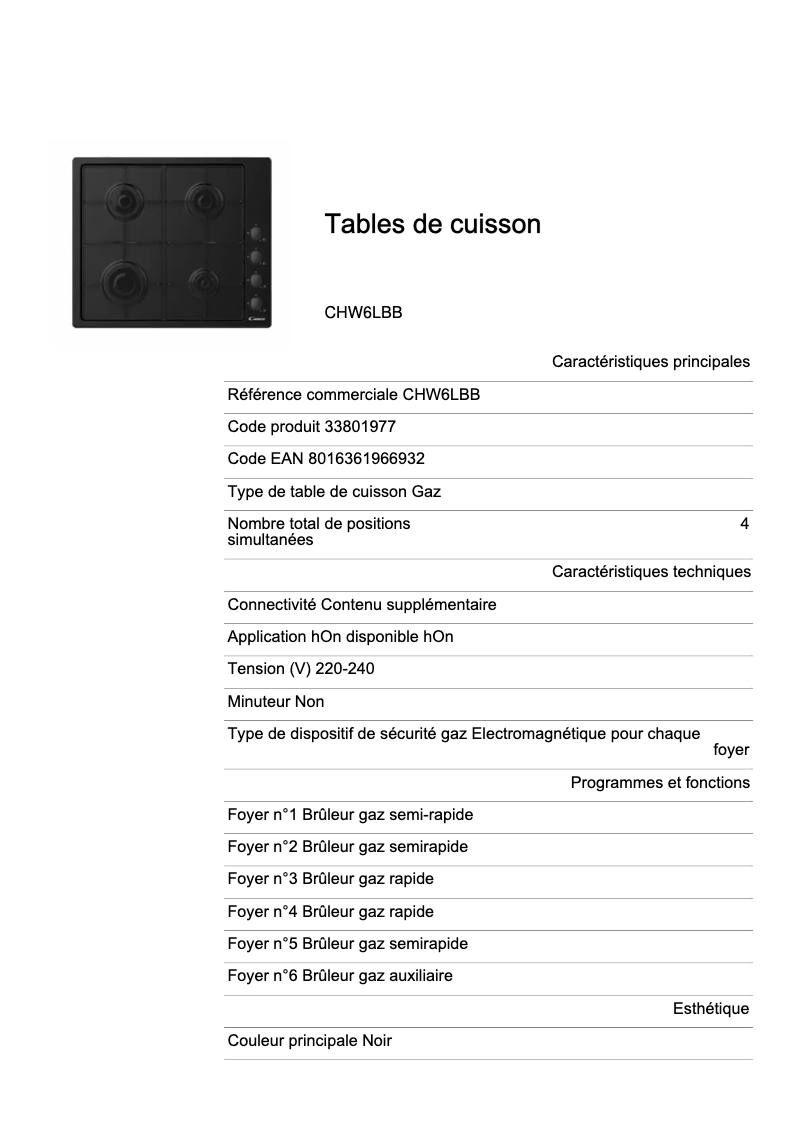 Page 1 de la notice Fiche technique Candy CHW6LBB