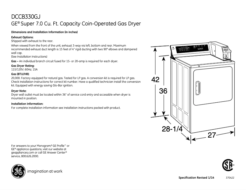 Page n°1 - Fiche technique GE DCCB330GJWC