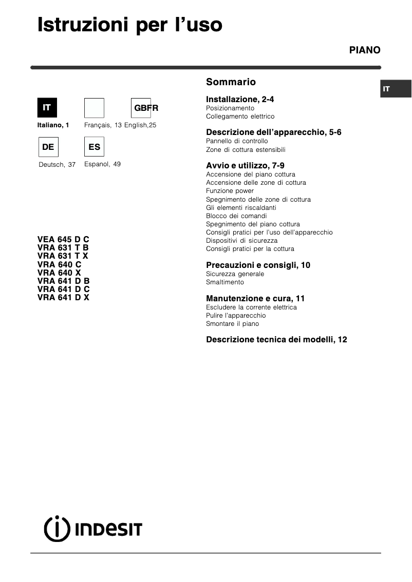 Page n°1 - Manuel utilisateur Indesit VRA 641