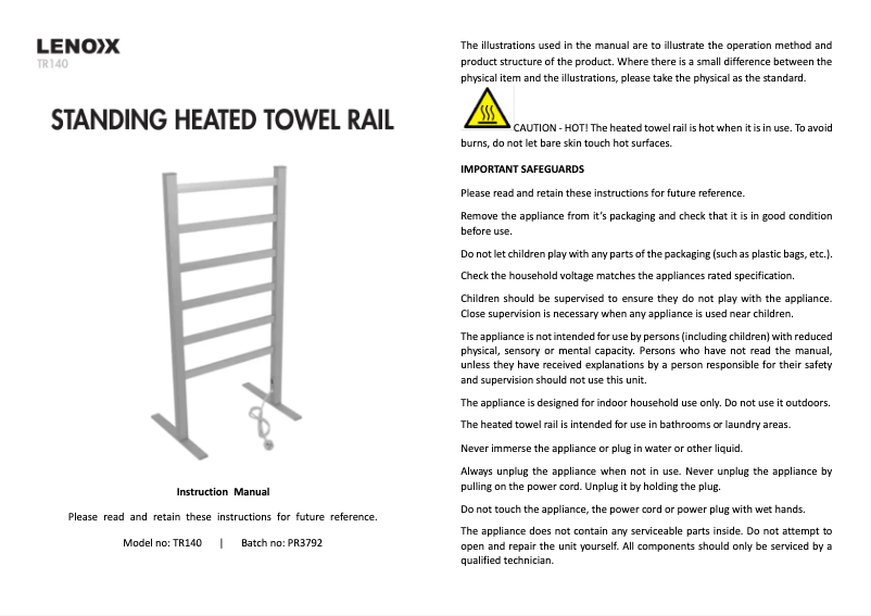 Image de la première page du manuel de l'appareil Standing Heated Towel Rail