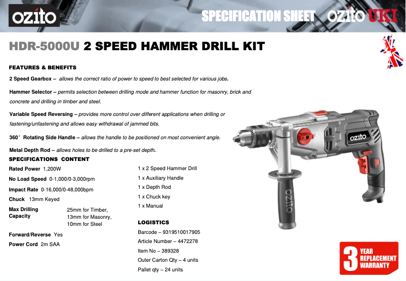 Page 1 de la notice Fiche technique Ozito HDR-5000U