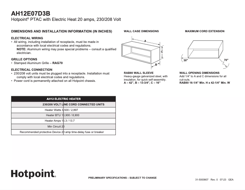 Page 1 de la notice Fiche technique Hotpoint AH12E07D3B