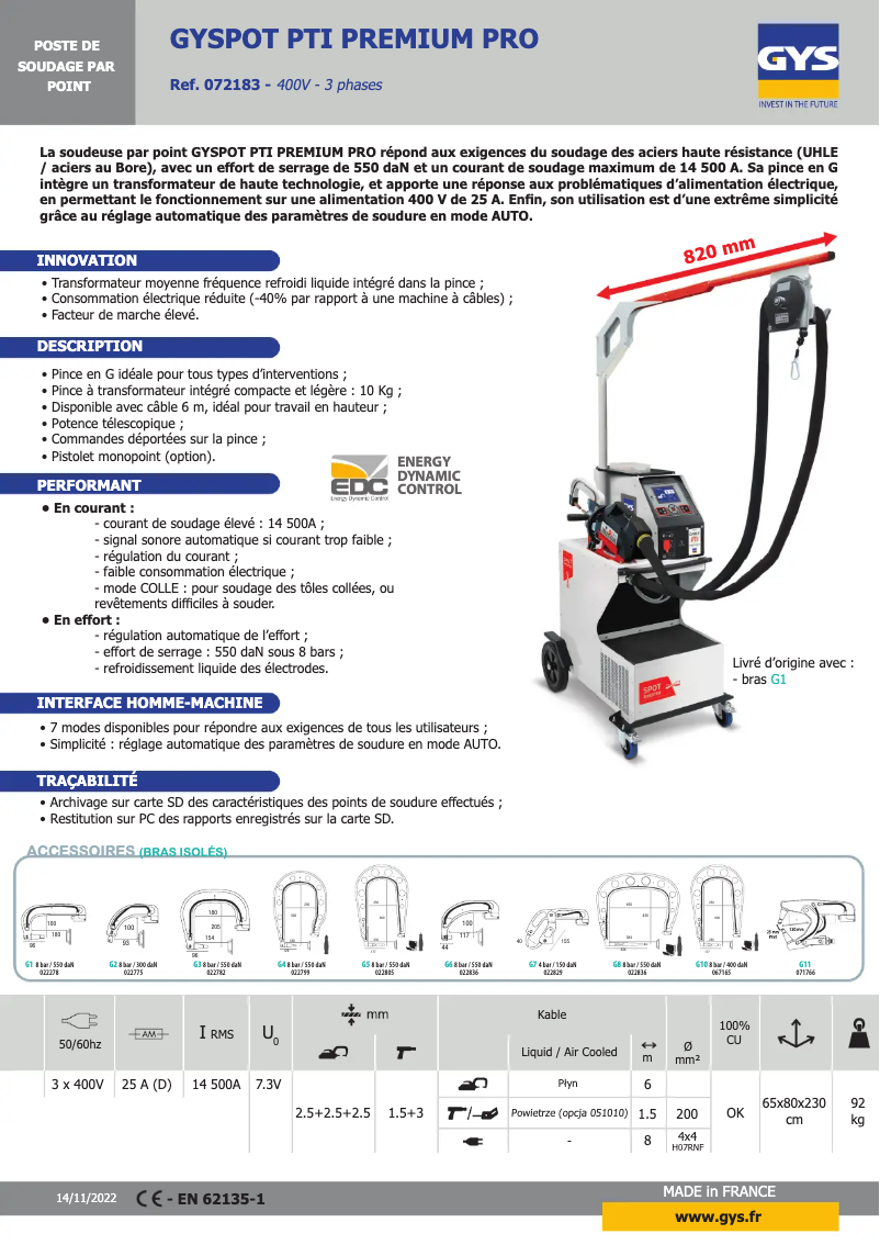 Página 1 del manual Ficha técnica GYS Gyspot PTI Premium PRO 400V