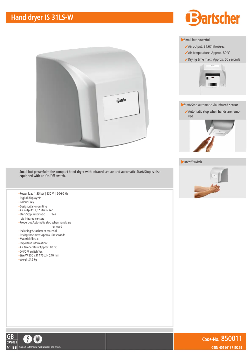 Page n°1 - Fiche technique Bartscher IS 31LS-W