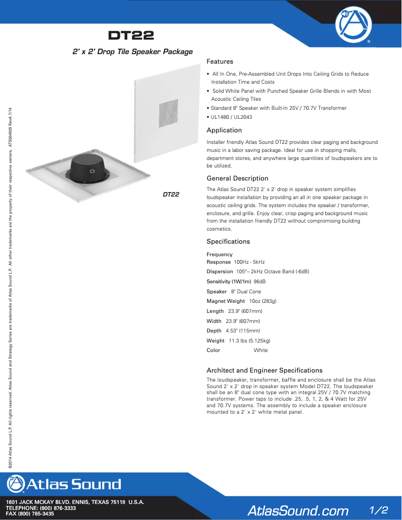 Page 1 de la notice Brochure Atlas Sound DT22
