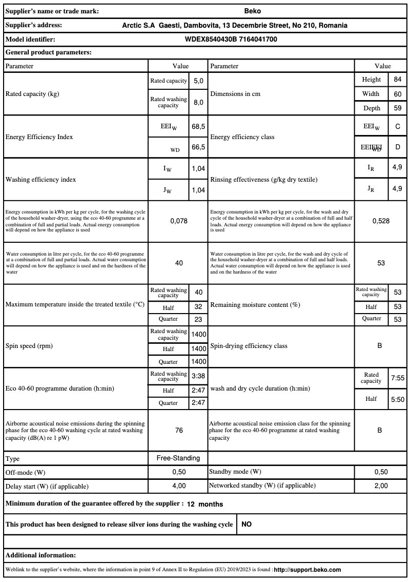 Page 1 de la notice Fiche technique Beko WDEX8540430B