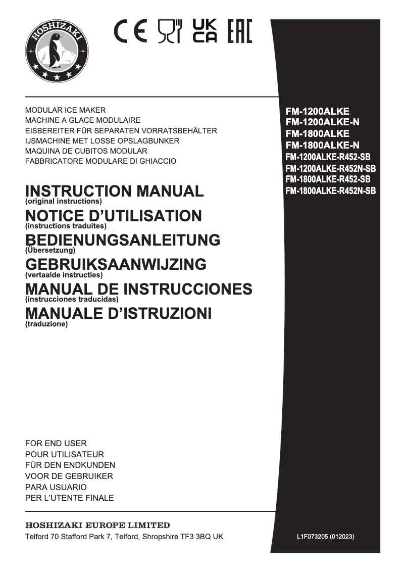 Page 1 de la notice Manuel utilisateur Hoshizaki FM-1800ALKE-R452-SB