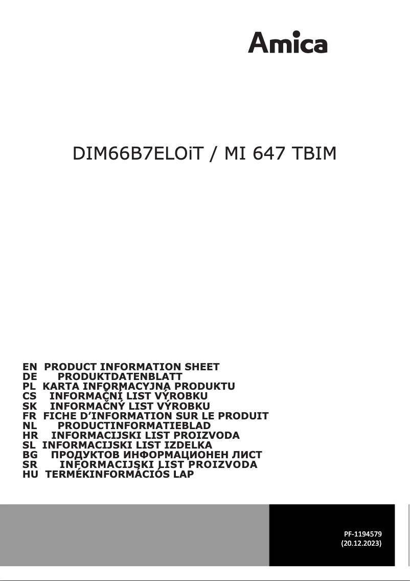 Page 1 de la notice Fiche technique Amica DIM66B7ELOiT