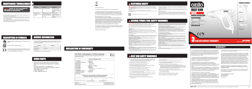 Page 1 de la notice Manuel utilisateur Ozito HGN-2000U