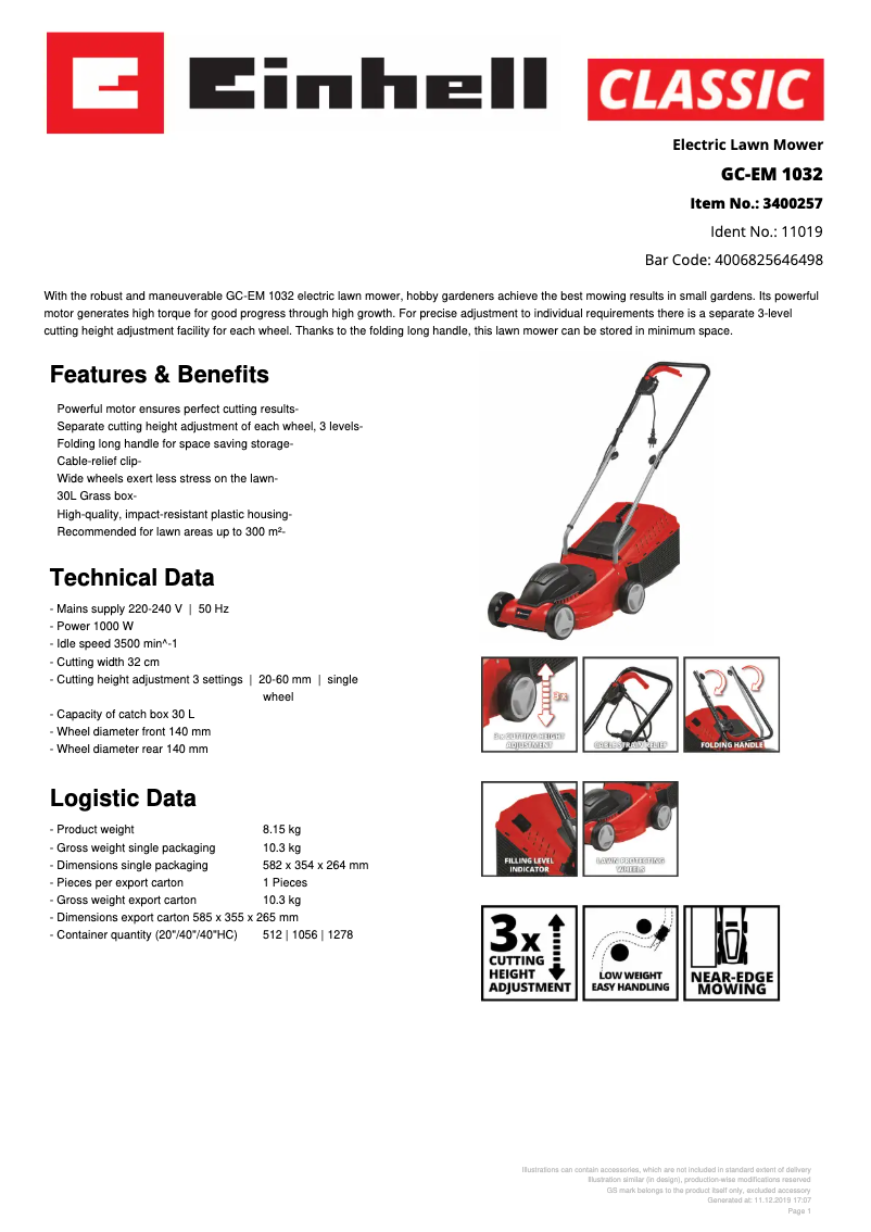 Page n°1 - Fiche technique Einhell GC-EM 1032