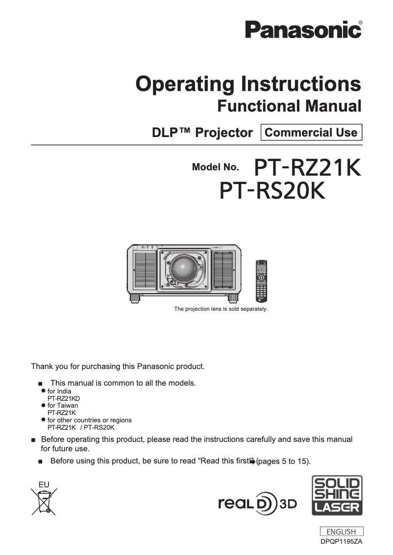 Page 1 de la notice Manuel utilisateur Panasonic Solid Shine PT-RZ21KU