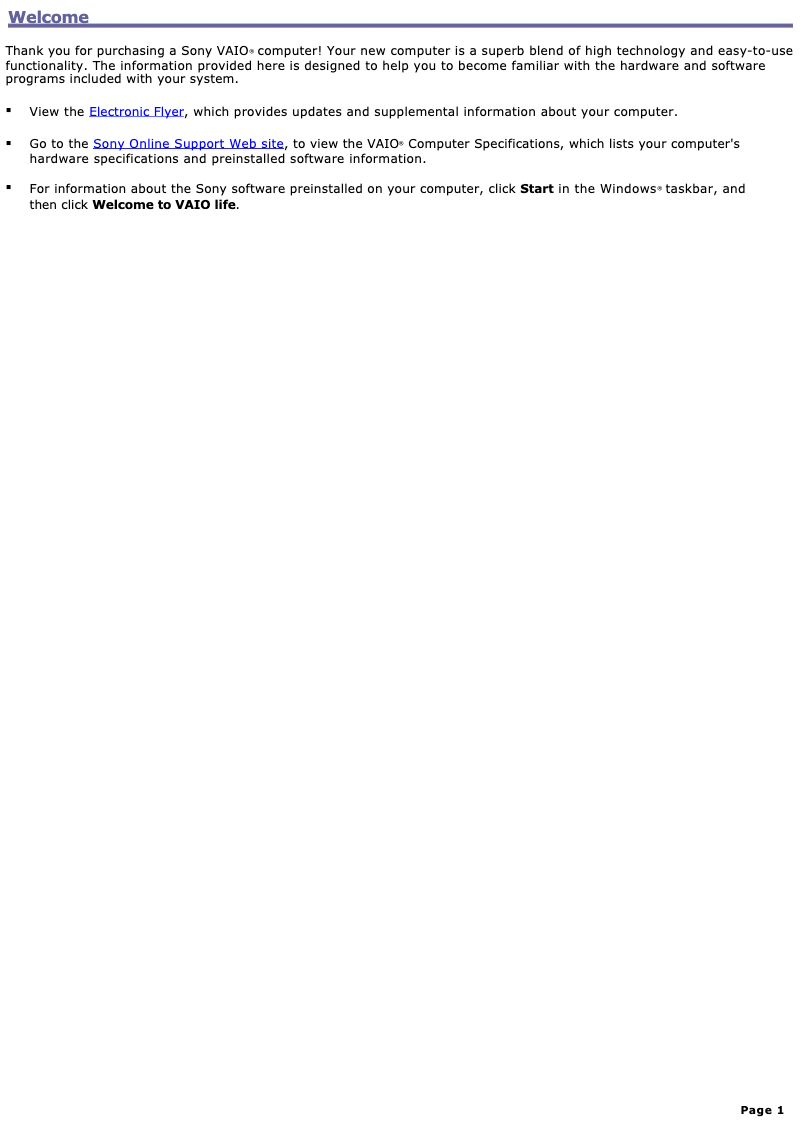 Image de la première page du manuel de l'appareil Vaio PCV-RS610