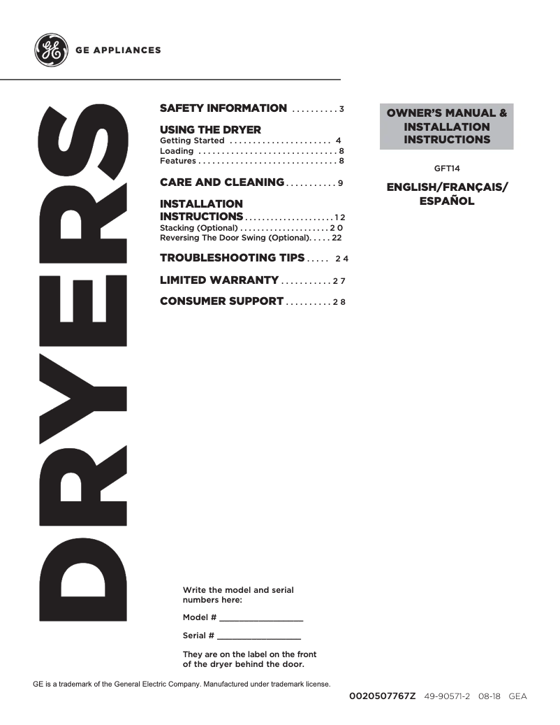 Page 1 de la notice Manuel utilisateur GE GFT14ESSMWW