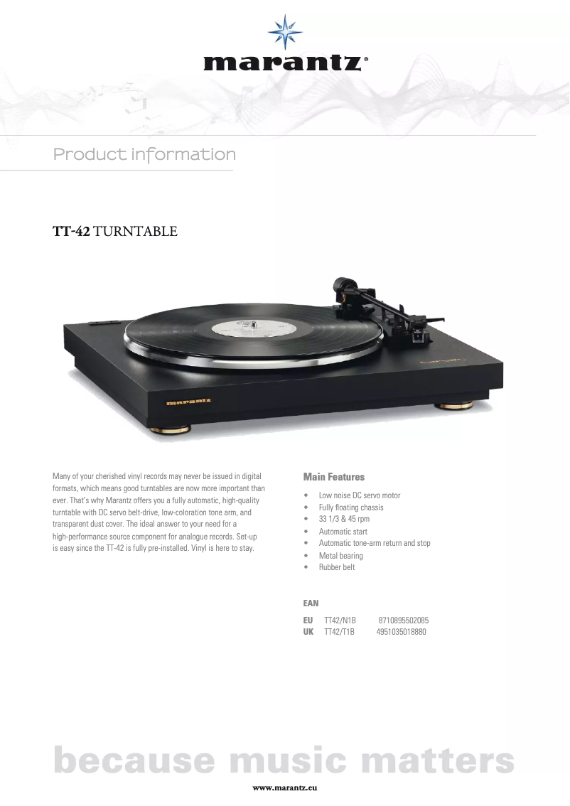 Page 1 de la notice Fiche technique Marantz TT42P