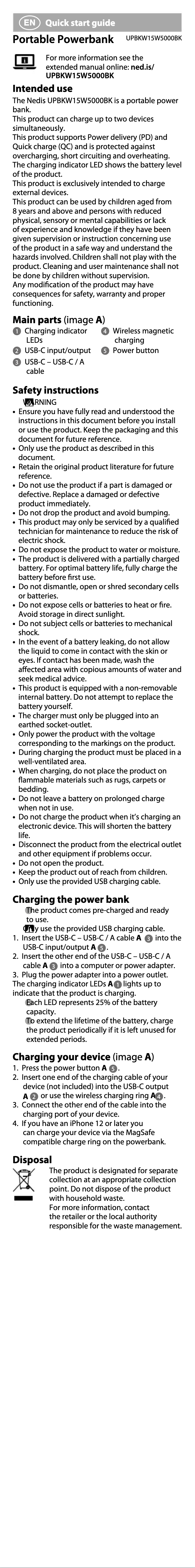 Page 1 de la notice Manuel utilisateur Nedis UPBKW15W5000BK