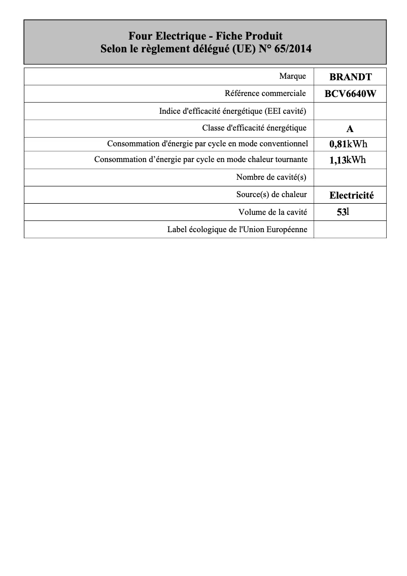 Page 1 de la notice Manuel utilisateur Brandt BCV6640W