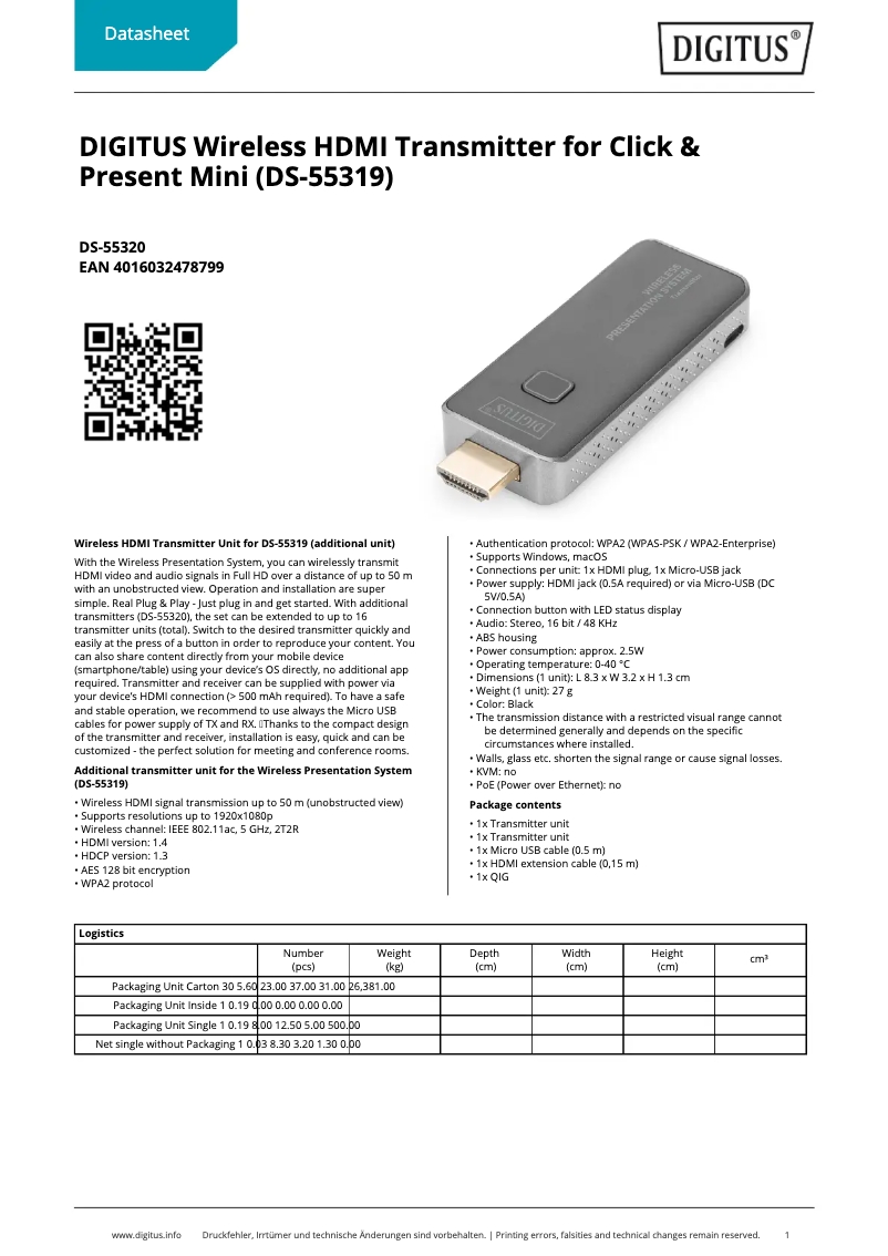 Page 1 de la notice Fiche technique Digitus DS-55320