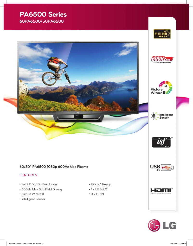 Page 1 de la notice Fiche technique LG 50PA6500