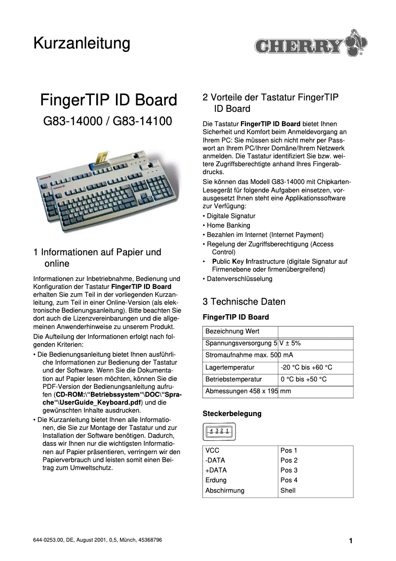 Page 1 de la notice Manuel utilisateur Cherry FingerTIP ID Board G83-14000