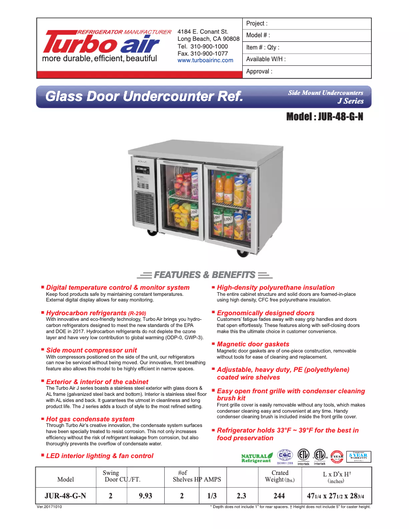 Página 1 del manual Ficha técnica Turbo air JUR-48-G