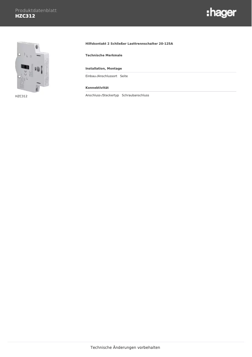 Page 1 de la notice Fiche technique Hager HZC312