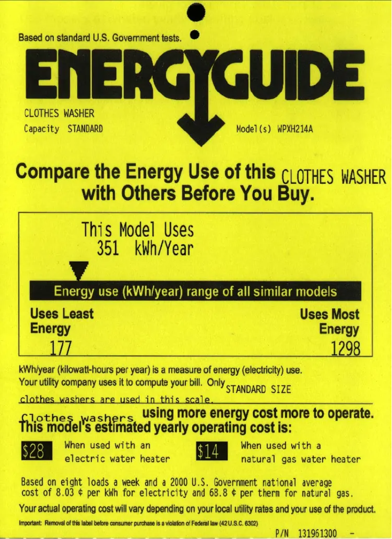Page 1 de la notice Label énergétique GE Profile WPXH214AWW