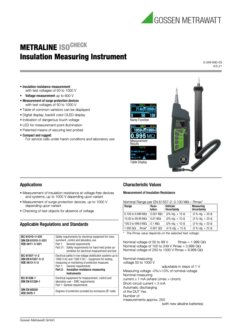 Page n°1 - Fiche technique Gossen Metrawatt METRALINE ISOCHECK