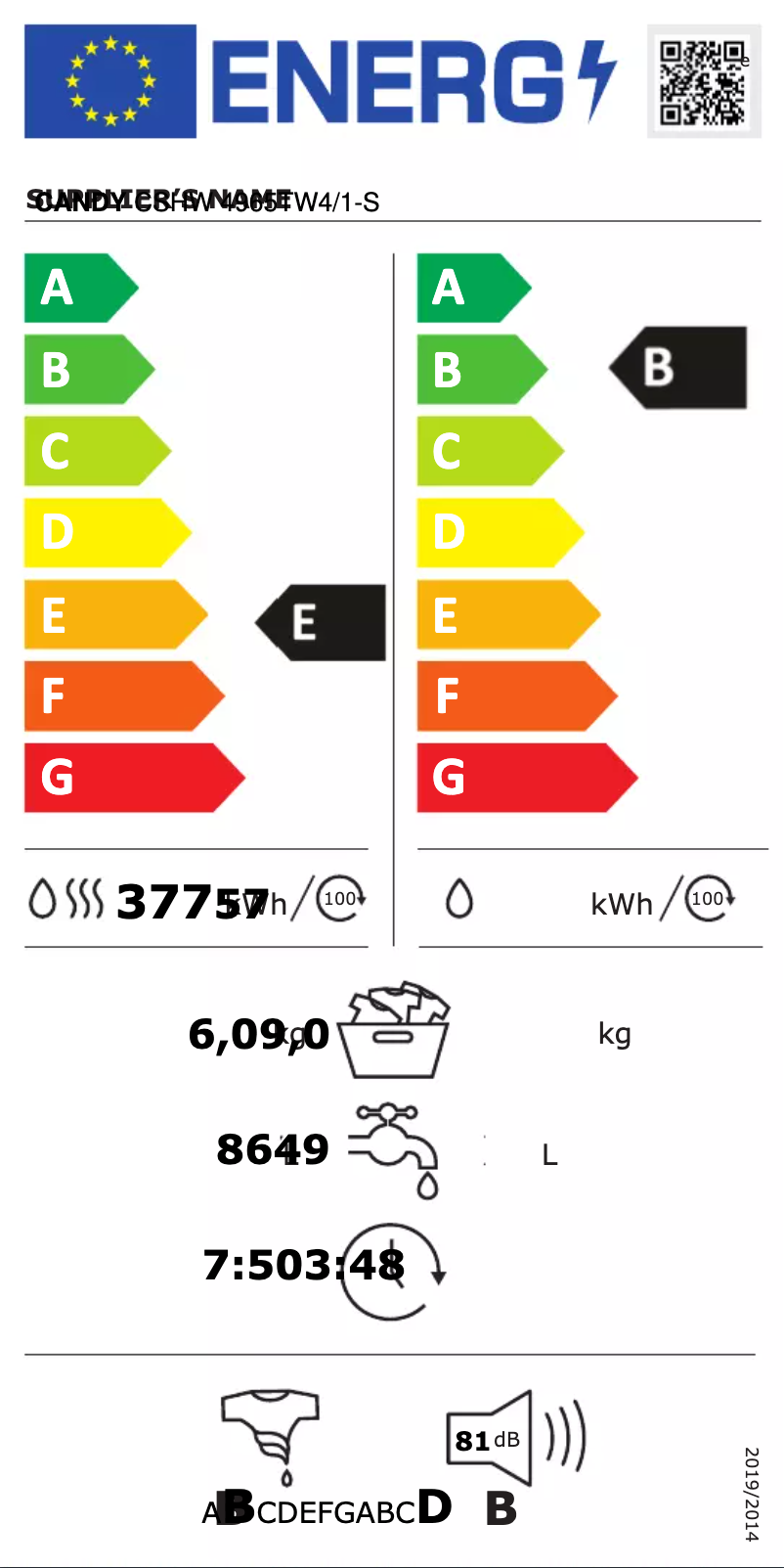 Page n°1 - Label énergétique Candy CSHW 4965TW4/1-S