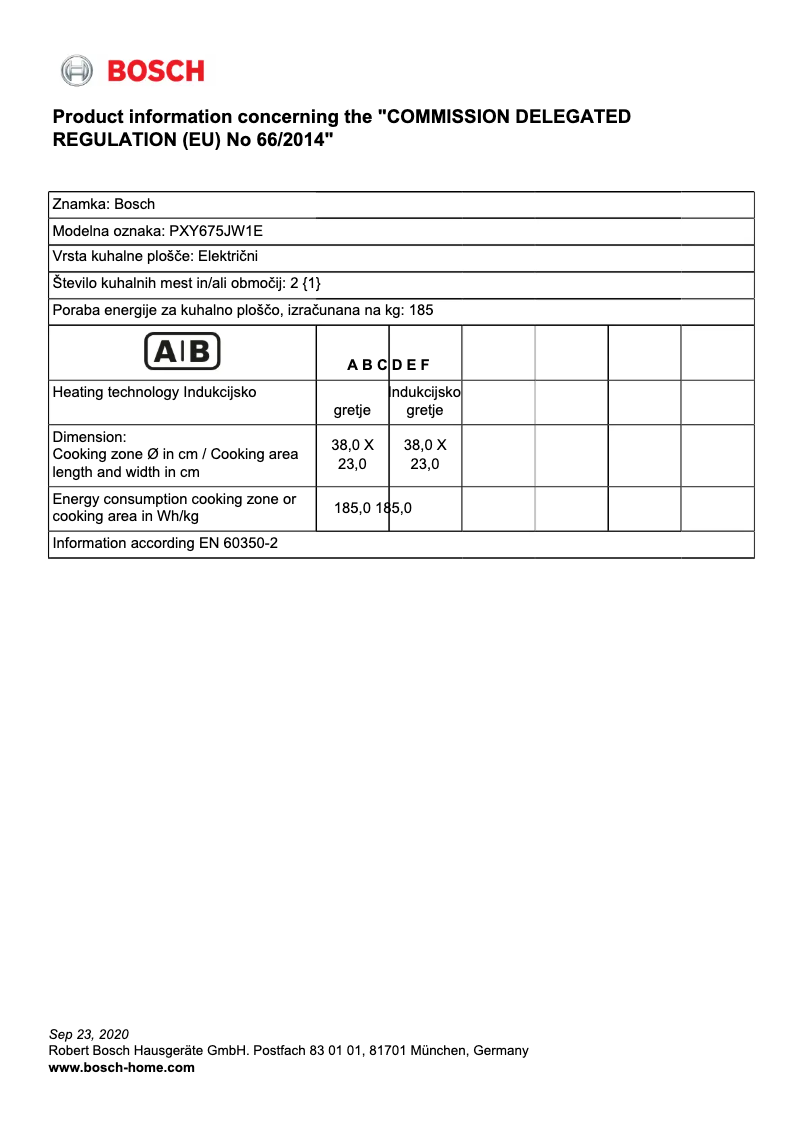 Page 1 de la notice Fiche technique Bosch PXY675JW1E