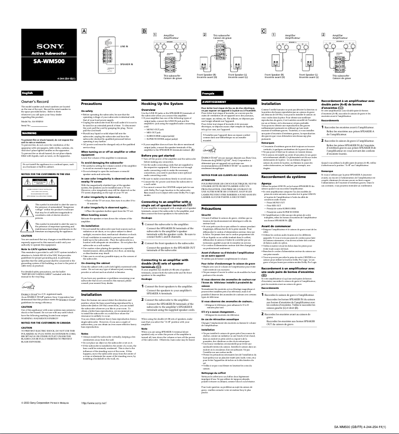 Page n°1 - Manuel utilisateur Sony SA-WM500