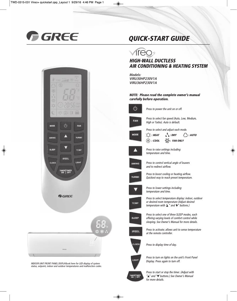 Image de la première page du manuel de l'appareil VIRU30HP230V1AH