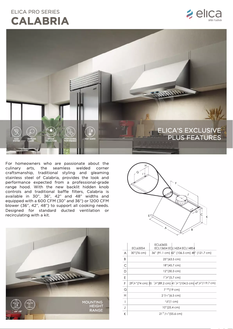 Page 1 de la notice Fiche technique Elica Calabria PRF0140247A