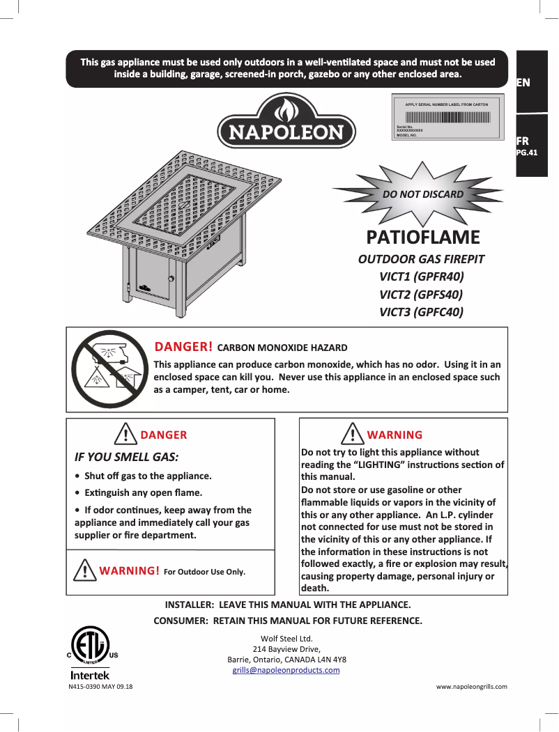 Page n°1 - Manuel utilisateur Napoleon VICT3-BZ