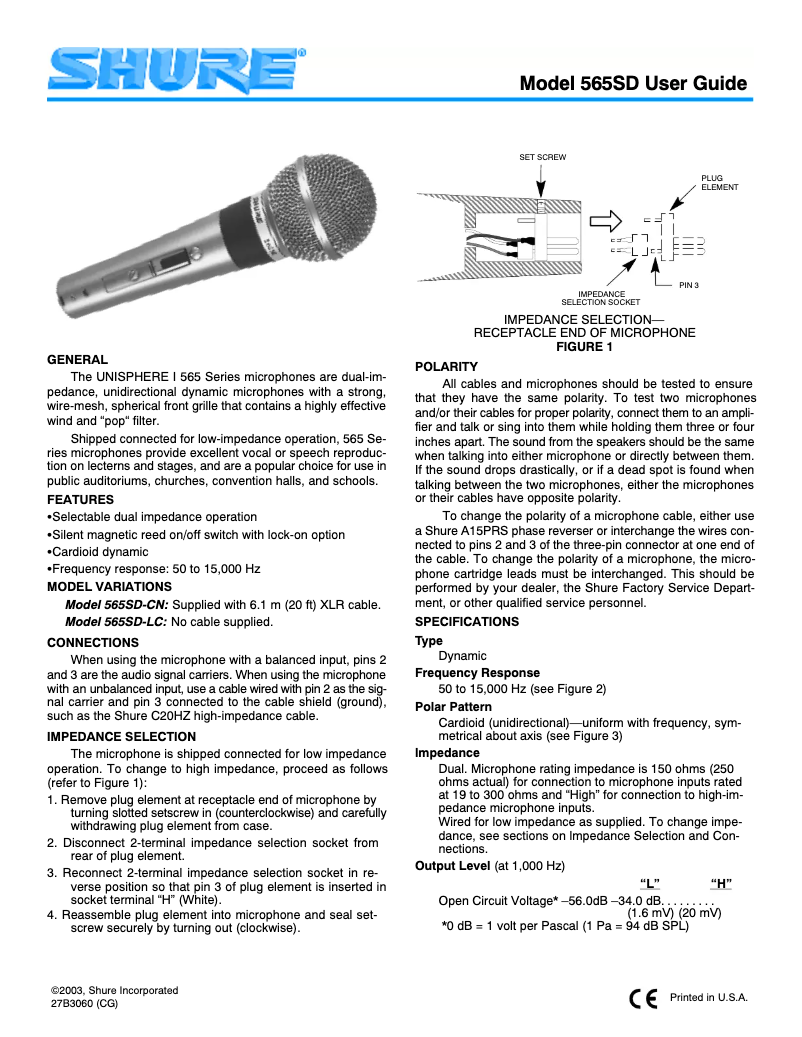 Página 1 del manual Manual de usuario Shure 565SD
