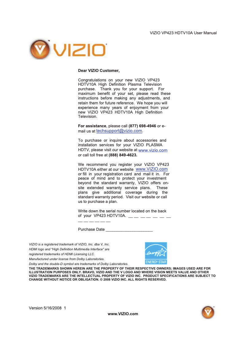 Page 1 de la notice Manuel utilisateur VIZIO VP423HDTV10A