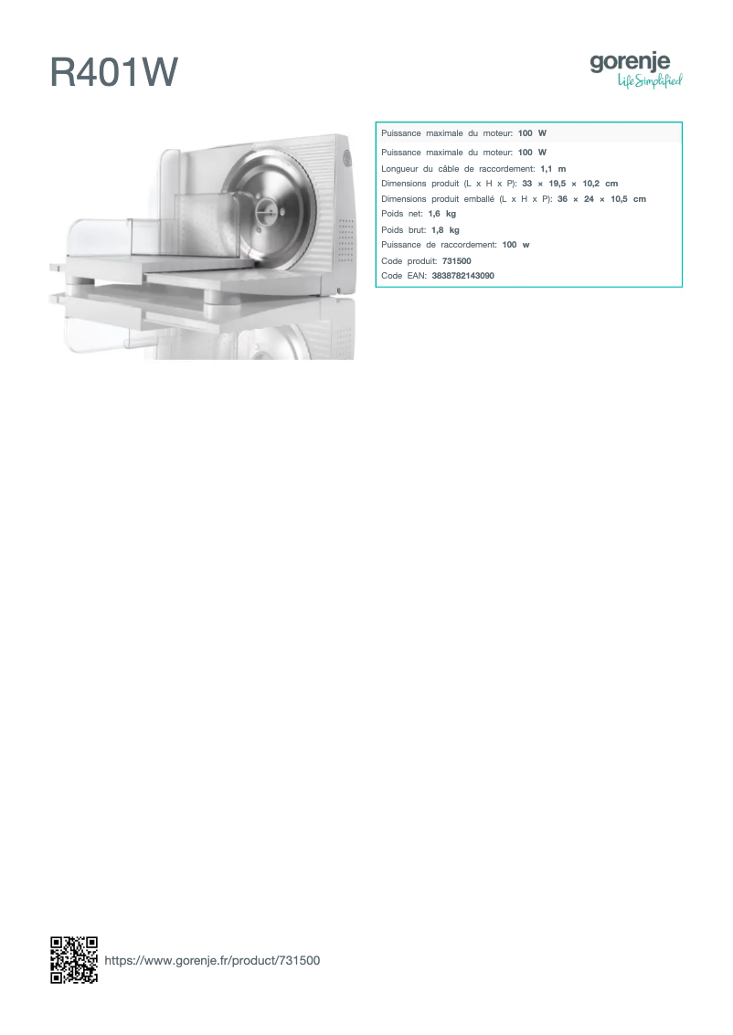 Página 1 del manual Ficha técnica Gorenje R401W