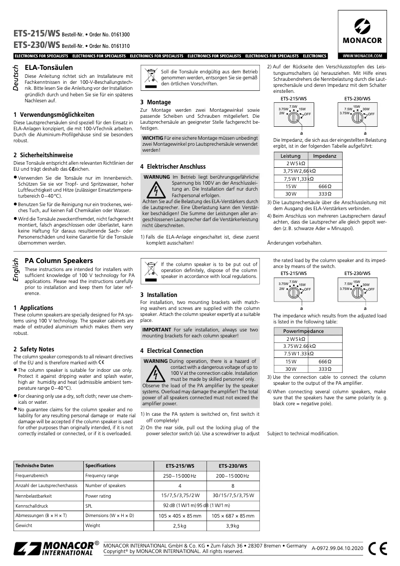 Page 1 of the manual User Manual Monacor ETS-230/WS