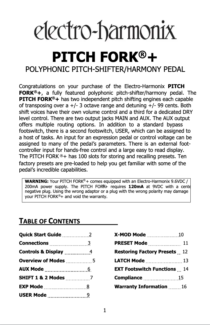 Page n°1 - Manuel utilisateur Electro Harmonix Pitch Fork P