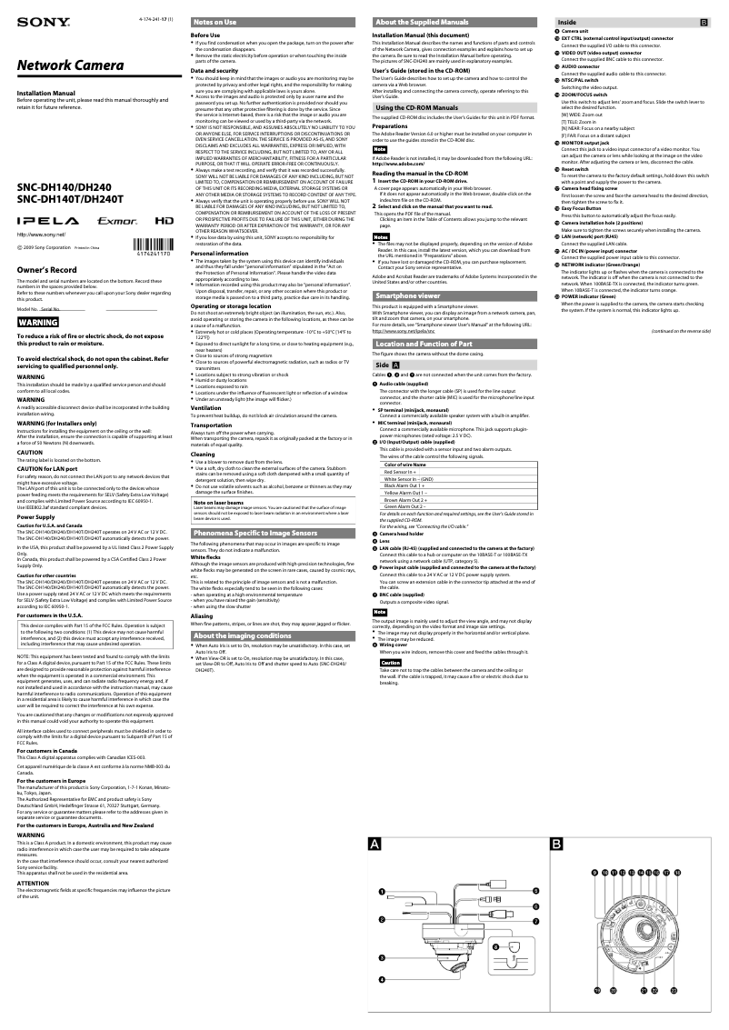 Page 1 de la notice Guide d'installation Sony SNC-DH240T
