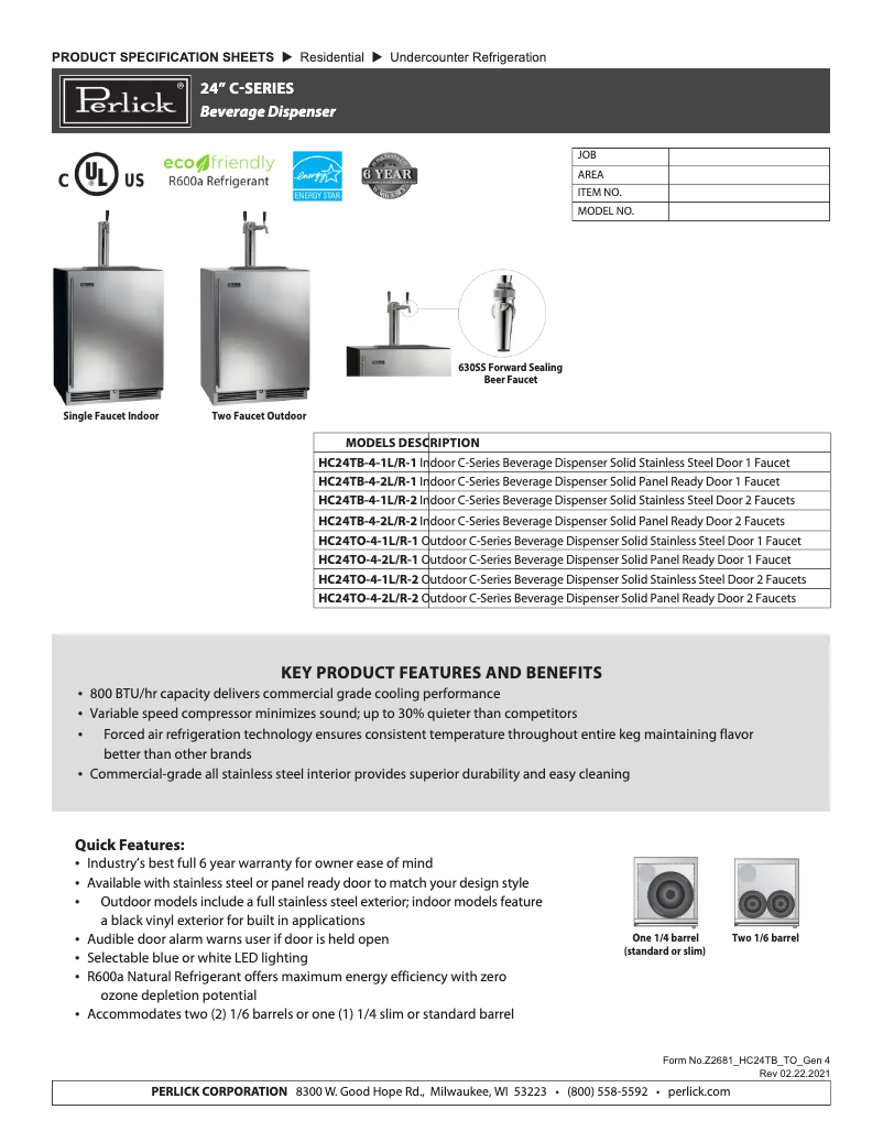 Page 1 de la notice Fiche technique Perlick HC24TB-4-2R-2