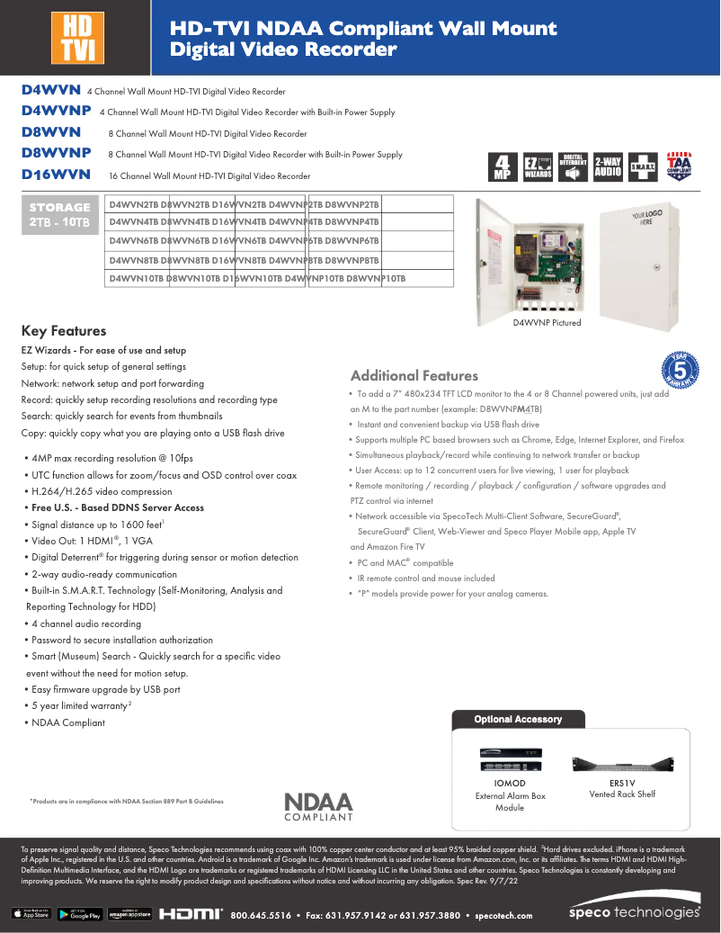 Page 1 de la notice Fiche technique Speco Technologies D16WVN