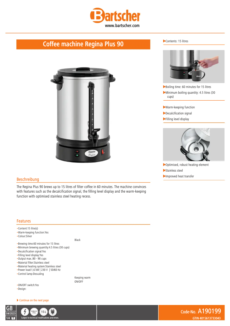 Page 1 de la notice Fiche technique Bartscher Regina Plus 90