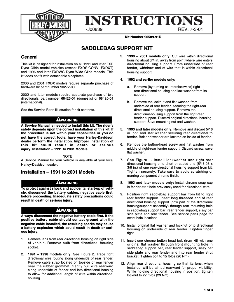 Page 1 de la notice Manuel utilisateur Harley-Davidson J00839 (2001)