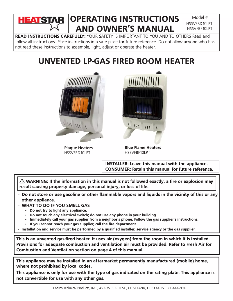 Page 1 de la notice Manuel utilisateur HeatStar HSSVFRD10LPT
