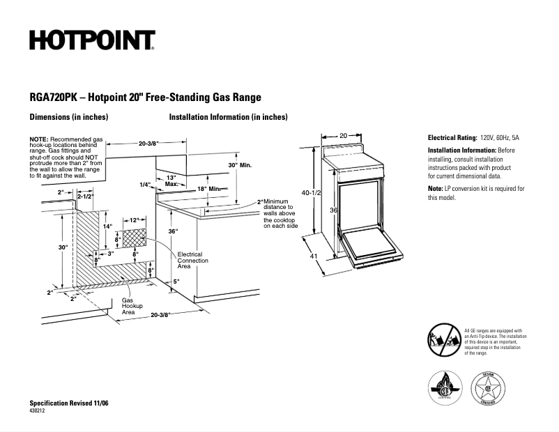 Page 1 de la notice Fiche technique Hotpoint RGA720PKWH