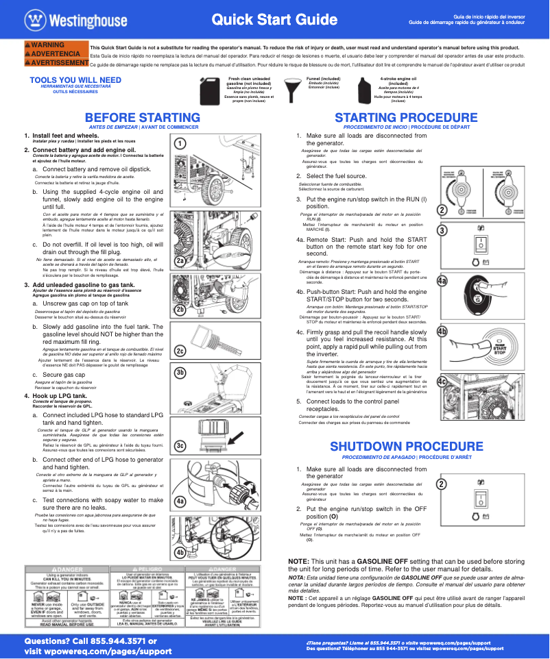 Page n°1 - Guide de démarrage rapide Westinghouse WGen9500DFc