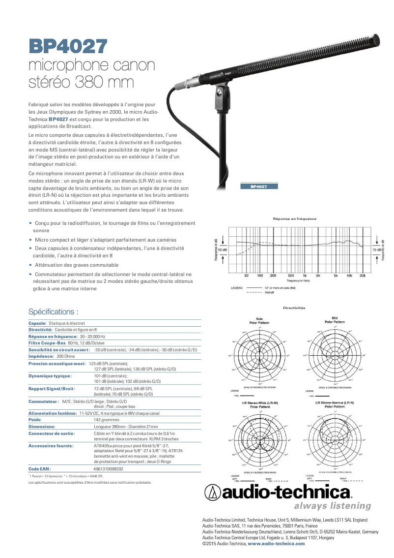 Page 1 de la notice Guide de démarrage rapide Audio-Technica BP4027