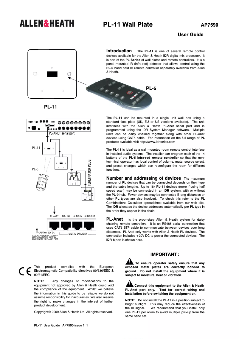 Page 1 de la notice Manuel utilisateur Allen & Heath PL-11
