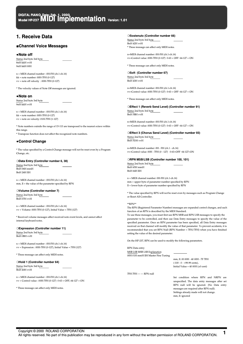 Page n°1 - Manuel utilisateur Roland HP-237R