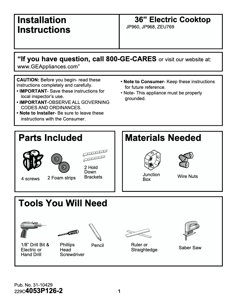 Page 1 of the manual Installation Guide GE Profile Performance JP960WAWW